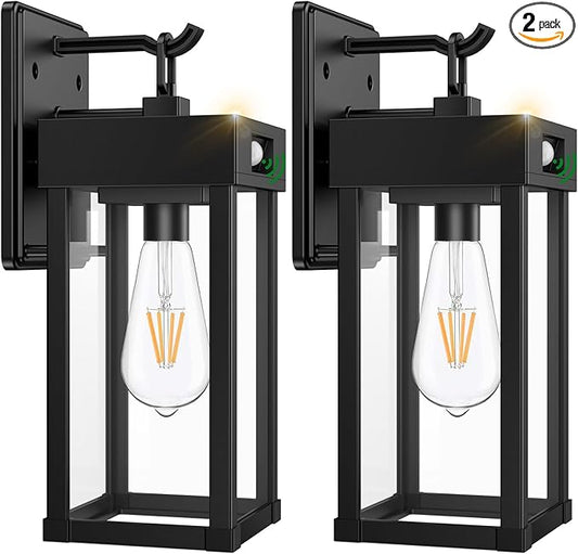 2 Pack Outdoor Solar Wall Light Fixtures With Dusk To Dawn Sensor,Large Size Black Outdoor Wall Lights with 3Lighting Modes,Exterior Waterproof Solar Wall Sconce Light for Outside,Garage(Black-2P)