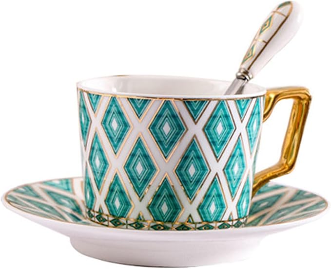 Vintage Bone China Tea Cup Set,5.4 Oz/160 ml Golden Handle Ceramic Coffee Teacup and Saucer with Spoon and Snack Fork, Style 01