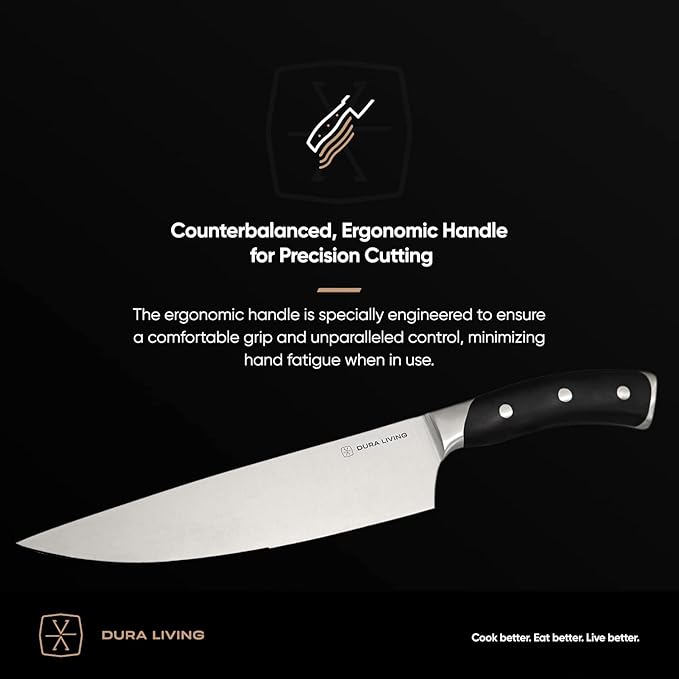 DURA LIVING 3-Piece Kitchen Knife Set ??Ultra-Sharp German Stainless Steel, 8??Chef, 5??Utility, and 3.5??Paring Knives with Ergonomic Handles, Multipurpose Kitchen Knife Set, Black