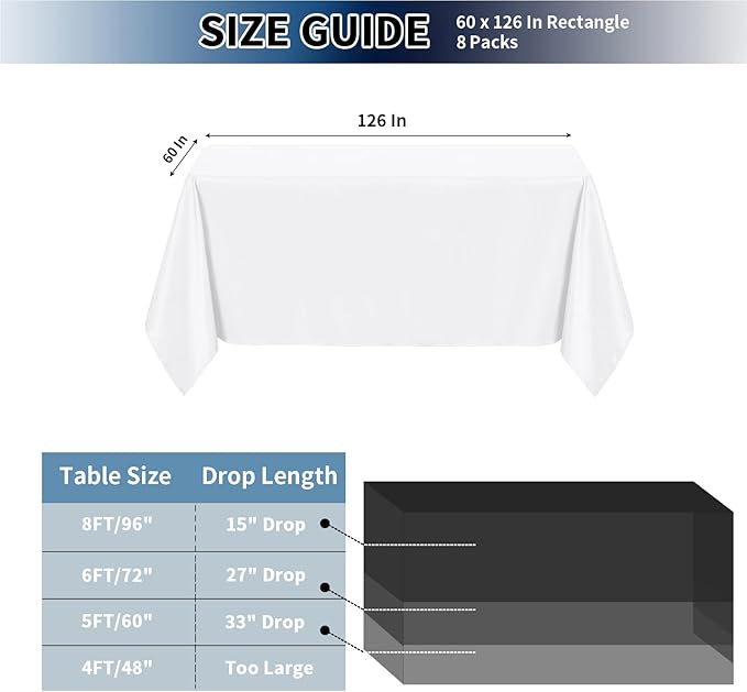 PureFit 8 Pack Rectangle White Table Cloths 60 x 126 Inch for 6Ft Tables, Stain and Wrinkle Resistant Table Linens for Home Use, Wedding, Party, Banquet and Camping