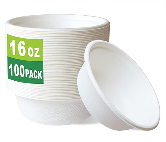 GreenWorks 100 Count 16 OZ Compostable Bowls, White Biodegradable Bagasse and Bamboo fiber Paper Bowls