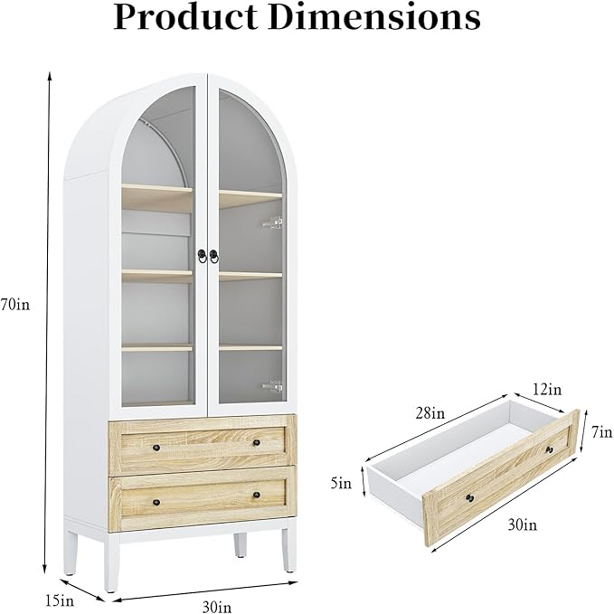 HLR 71" Tall Arched Storage Cabinet, Modern Farmhouse Kitchen Pantry Cabinet with Glass Doors and 2 Drawers, Versatile Display Cabinet for Kitchen, Dining Room, Living Room