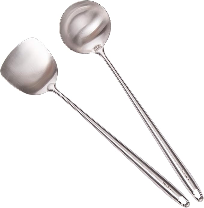 17??Wok Spatula and Ladle - 304 Stainless Steel Wok Tools Set, 2-Pieces Extra Long Handle Cooking Tools, All Metal Wok Utensils and Wok Accessories for Cast Iron/Carbon Steel Wok