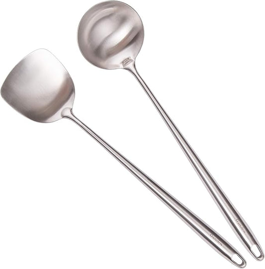 17??Wok Spatula and Ladle - 304 Stainless Steel Wok Tools Set, 2-Pieces Extra Long Handle Cooking Tools, All Metal Wok Utensils and Wok Accessories for Cast Iron/Carbon Steel Wok