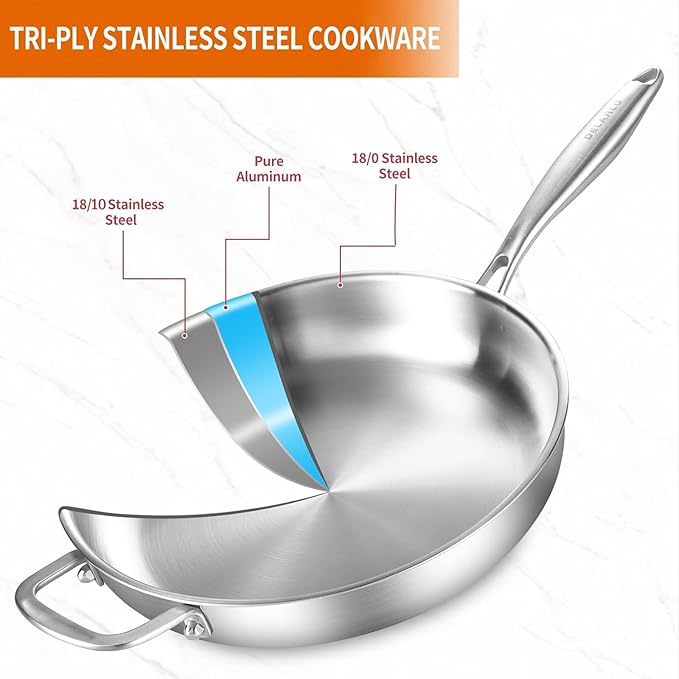 DELARLO Tri-Ply Stainless Steel Pan with Lid 12inch訝쭯ompatible with All Cooktops Up to 600?됦릅Stainless Steel Skillet 12 inch訝쭴eavy Duty訝쭲rying Pan with Lid訝?8/10 Large Cooking Surface