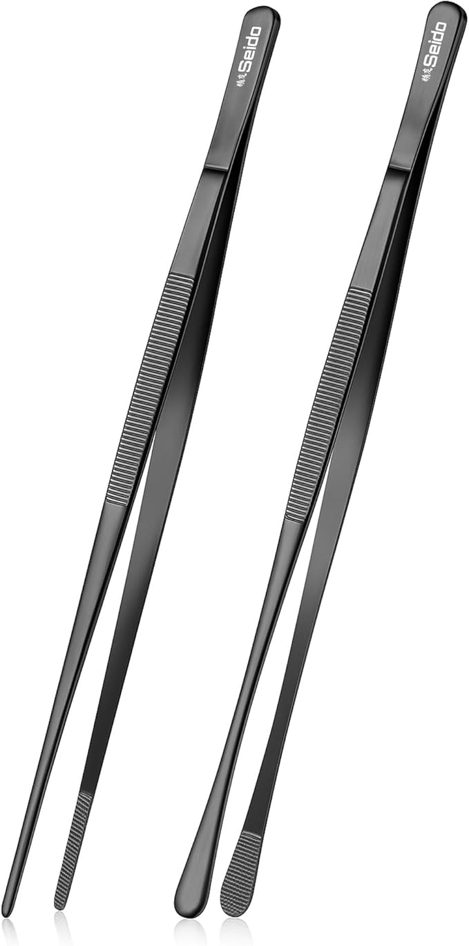 Seido 2-Piece Serving Tweezer Set 12-Inch ??Professional Stainless Steel Kitchen Tongs with Fine Tip & Flat Tip, Non-Slip Grip, Heat-Resistant Precision Tools for Cooking, Plating & Garnishing