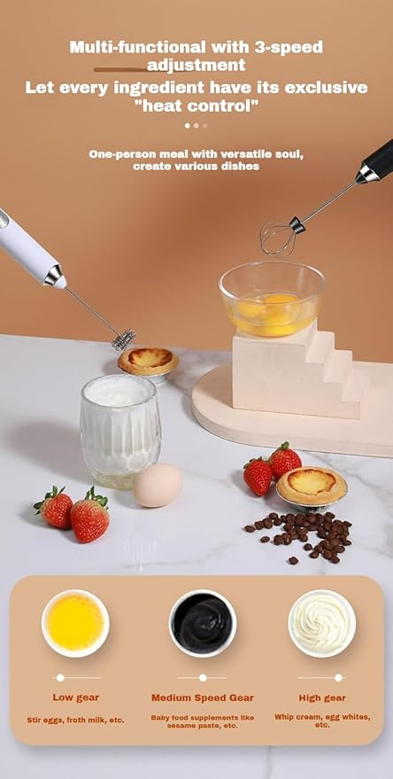 Milk Frother Handheld Rechargeable,Frother Wand 3-Speed Drink Mixer for Coffee,Milk,Cream,Usb Charging,30dB Quiet
