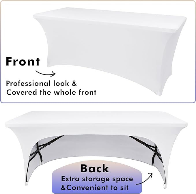 Nasitos 6 Pack White Tablecloth Rectangle for 8 Foot Tables-Open Back Fitted Stretch Spandex Table Covers, Washable Wrinkle-Free Trade Show Table Cover for Parties, Wedding, Banquet, Craft Fair