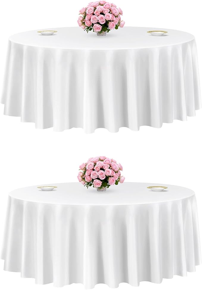 VEVOR White Round Tablecloths 2 Pack, 120 Inches in Diameter, Stain- & Wrinkle- Resistant, Machine Washable Table Clothes, Polyester Fabric Table Covers for Wedding, Party, Banquet, Formal Events