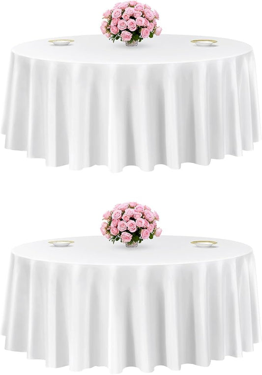 VEVOR White Round Tablecloths 2 Pack, 120 Inches in Diameter, Stain- & Wrinkle- Resistant, Machine Washable Table Clothes, Polyester Fabric Table Covers for Wedding, Party, Banquet, Formal Events