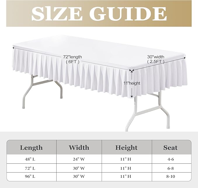Wish Care 2 Pack White Spandex Table Clothes for 6 Foot Rectangle Tables Wrinkle Free Stretch Fitted Tablecloths 6ft Pleated Ruffle Elastic Table Cover Skirt for Dining Outdoor Home Party Tablecloth