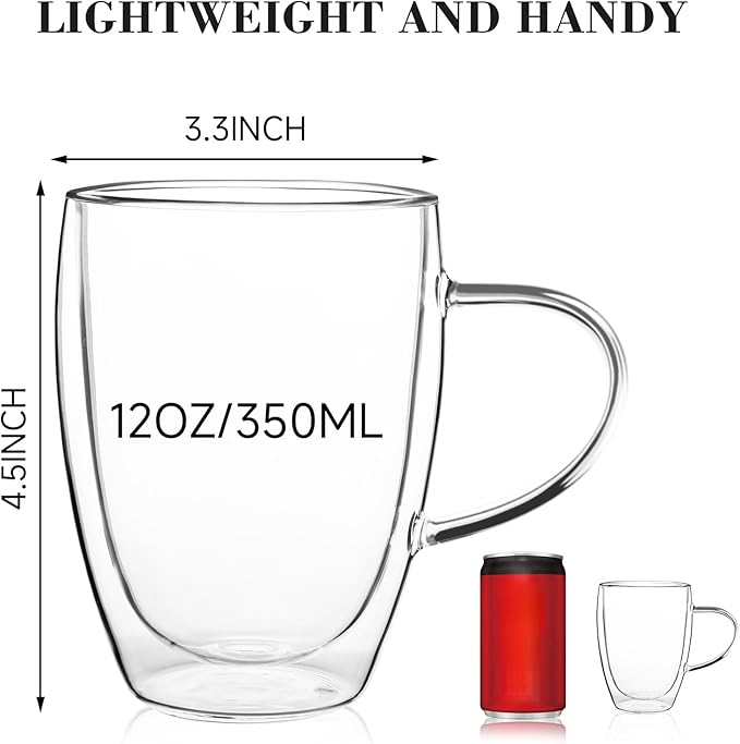 Aurzen Double Wall Glass Coffee Mug, 12oz Clear Latte Mug with Handles, Clear Cups for Tea, Beverages,Expresso, Juice, Milk Microwave Safe Set of 2