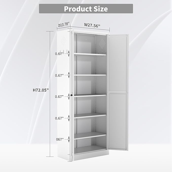 72 inch Tall Kitchen Pantry Cabinet, Metal Food Pantry Cabinet, Pantry Storage Cabinet with 5 Adjustable Shelves and 2 Doors, Utility Cupboard for Kitchen Laundry Living Room Bathroom, White