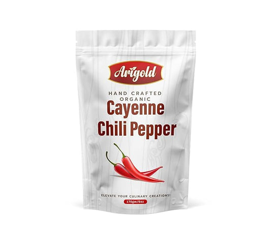 Arigold Organic Cayenne Pepper Powder - Hand Crafted Natural Hot Pepper - Ground Cayenne for Cooking - All-Natural, Non-GMO, Non-Irradiated, SHU 60,000-80,000 Heat, Resealable Bag, Vegan ??6 oz (170g)