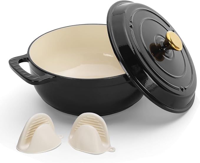 ROVSUN 5 Quart Enameled Cast Iron Dutch Oven with Lid, Dual Handles, Oven Safe up to 500째F or on Stovetop, Compatible for Braising, Stews, Roasting, Bread Baking-Black