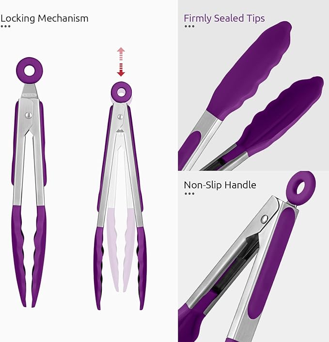 600쨘F Heat Resistant Kitchen Tong: U-Taste 7 inch Silicone Cooking Tong with Firm Sealed Non Stick Rubber Tips & Silicon Coated 18/8 Stainless Steel Handle & Smooth Locking for Serving Salad (Purple)