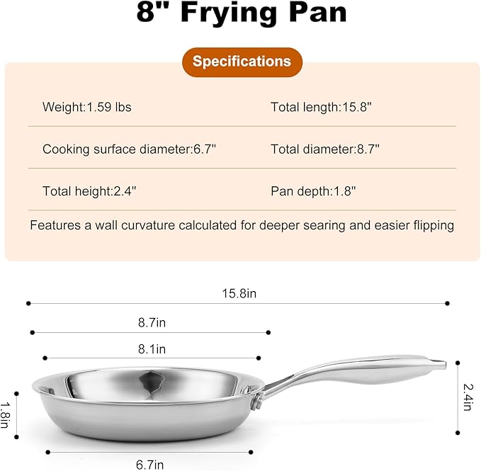 Stainless Steel Pan竊똍on-Toxic PFAS, PFOA & PTFE Free, Compatible With All Cooktops & Induction Safe, Oven Safe Pan for Searing & Saut챕ing, Long Lasting Cookware. (8.6 Inch)