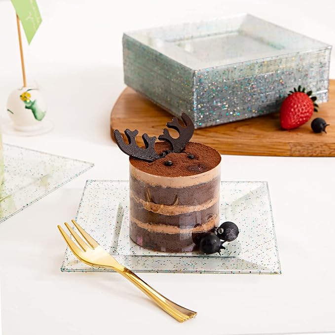 supernal 200pcs Square Plastic Dessert Plates-100pcs Gold Dessert Forks,100pcs 6inch ClearDessert Plates,cocktail plates, Clear Appetizer Plates for Pary Birthday New Year