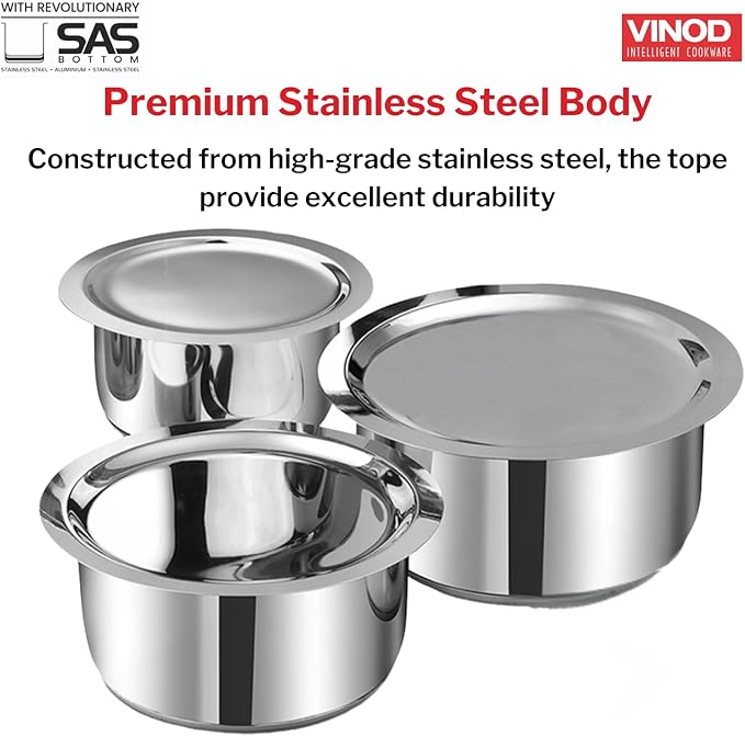 Vinod Stainless Steel 3 pc Pot Set with Capacity of 1.4 litres, 1.8 litres & 2.2 litres with Stainless Steel Lids (Gas Stove and Induction Friendly) - Silver,