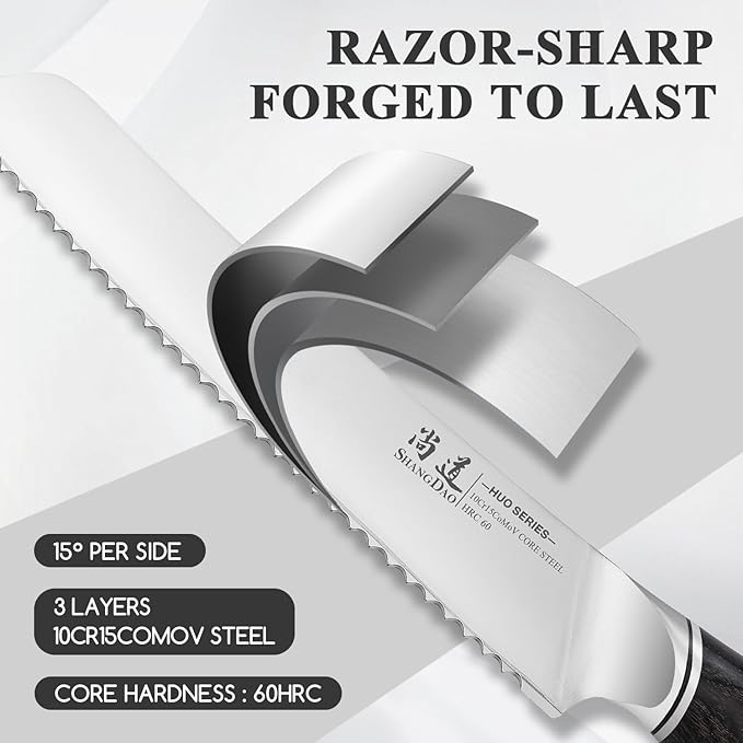 SHANGDAO Serrated Bread Knife 8 Inch - 3 Layers VG10 Alloy Steel Blade for Effortless Slicing of Bread, Cakes & Pastries - Comfortable Grip Non-Stick Design with Pakkawood Handle