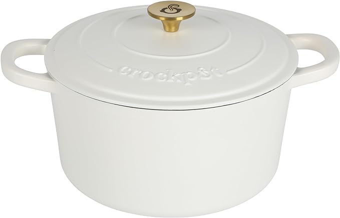Crock-Pot Artisan 7-Quart Round Dutch Oven ??Matte Linen White with Gold Knob, Enameled Cast Iron Cookware