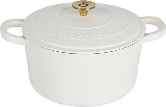 Crock-Pot Artisan 5-Quart Round Dutch Oven ??Matte Linen White with Gold Knob, Enameled Cast Iron Cookware