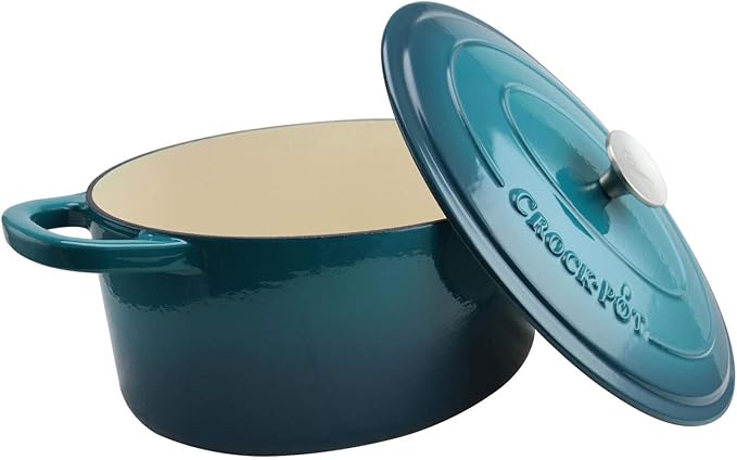 Crock-Pot Artisan 7-Quart Oval Enameled Cast Iron Dutch Oven ??Teal Ombre, Durable Cookware for Slow Cooking, Roasting, Baking with Lid