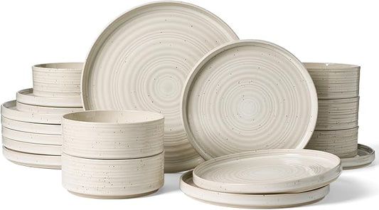 Plates and Bowls Sets for 6, Famiware Premium 18-Piece Stoneware Dinnerware Set - Reactive Glaze with Speckles & Spirals, Chip & Scratch Resistant, Dishwasher Safe, Dish Set with Gift Box, Shell Beige