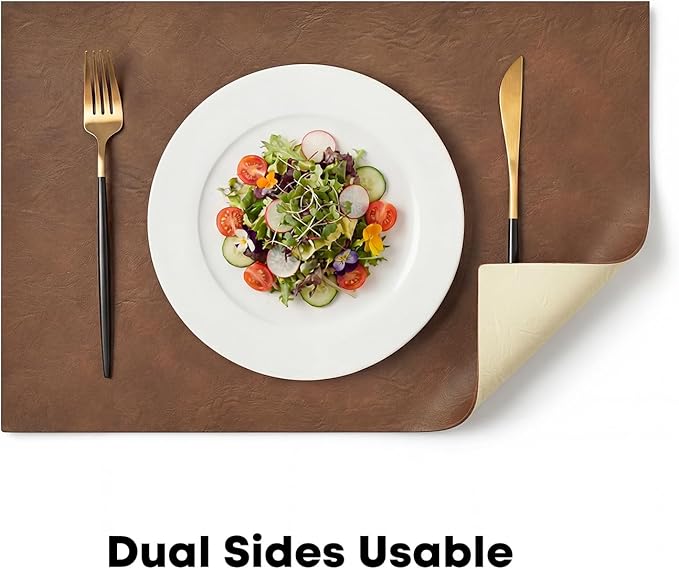 Artoid Mode Brown Faux Leather Placemats Set of 6, 12x18 Inch Waterproof Wipeable Heat Resistant Place Mats, Reversible Table Mats for Kitchen Dining Decor