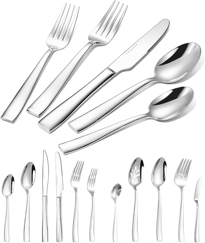 Lazycorner 53 Piece Silverware Set wiith Steak Knives and Serving Utensils 竊?8/10 Stainless Steel Flatware Set Mirror Polished Eating Utensils Sets Silverwear Cutlery Set, Dishwasher Safe