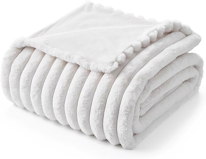 Am챕lie Home Faux Fur Throw Blanket for Couch, Cozy Fuzzy Fluffy Fur Luxurious Soft Striped Plush Gift Blankets for Family Sofa Chair, 60"x80", Ivory