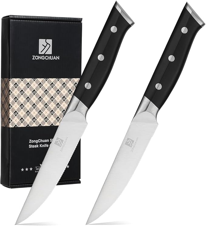 Medium Steak Knives Set of 2, 4.5 Inch High-Carbon Stainless Steel Serrated Steak Knife, Ergonomic Black Handles, Razor-Sharp, Dishwasher Safe, Rust-Resistant & Durable, Full Tang With Excellent Gift