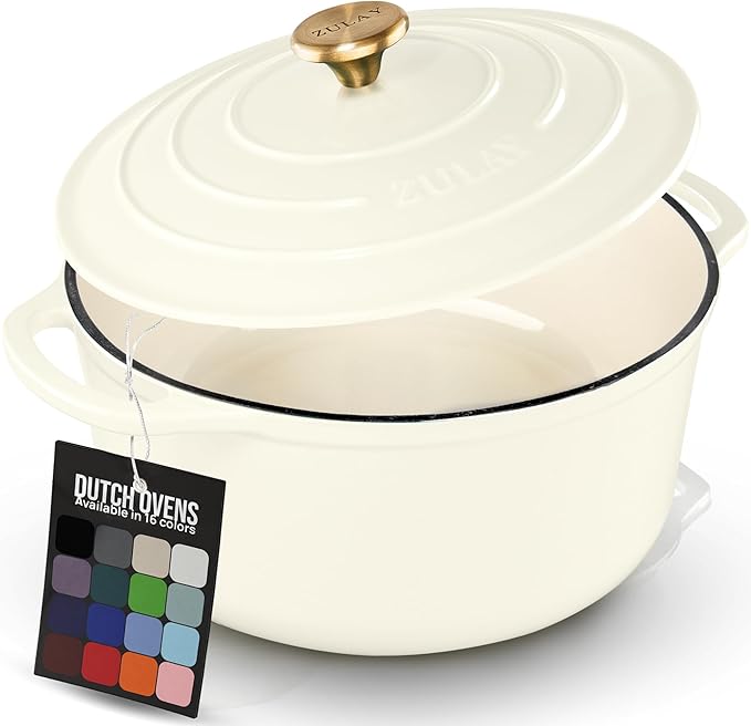 Zulay Kitchen 6 Quart Enameled Cast Iron Dutch Oven Pot with Lid ??Premium Durability & Oven Safe up to 500째F ??Heavy Duty Cookware Perfect for Bread Baking, Stews, Braising & Roasting ??Ivory