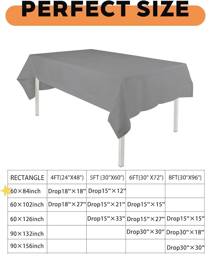 TWINPRET Rectangle Tablecloth 60 x 84 Inch, Grey Waterproof Washable Polyester Table Cloth - Stain & Oil Resistant Rectangular Table Cover for Banquet & Party (Fits 4 Foot Tables) [2 Pack]
