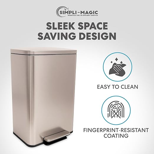 SIMPLI-Magic 13.2 Gallon (50L) Step Trash Can ??Kitchen Garbage Can with Slow-Close Lid ??Odor Control, Hands-Free, Easy to Clean, Brushed Stainless Steel (Rose Gold)