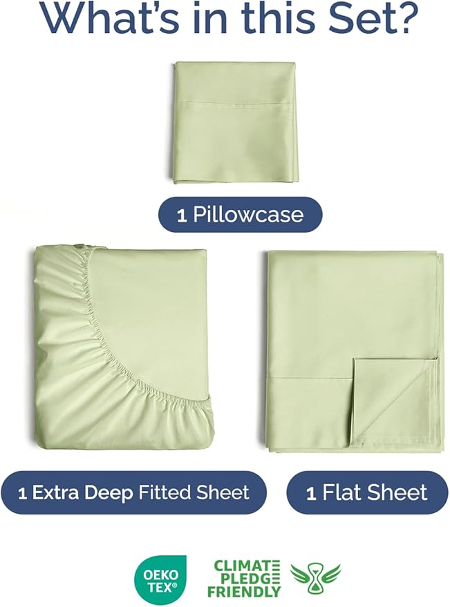 Extra Deep Pocket Twin Sheets - 3 Piece Breathable & Cooling Bed Sheets - Hotel Luxury Bed Sheet Set - Soft, Wrinkle Free & Comfy - Easily Fits Extra Deep Mattresses - Light Sage Green Sheets Set