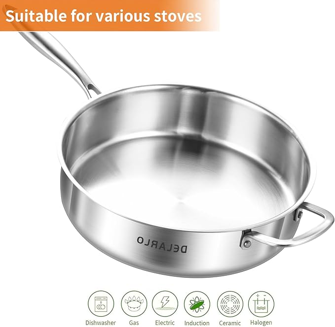 DELARLO Tri-Ply Stainless Steel Frying Pan,12 inch Skillet with Lid,6 Quart Saute Pan,Compatible with All Cooktops,Oven Up to 660??Chicken Fryer,Dishwasher-Friendly