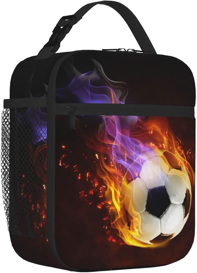 YIJIUWKIS Boys Insulated Lunch Box with Fire Soccer Pattern Print, Sports-themed Lunch Bags with Water Bottle Holder for Adults Kids Teens, Reusable Portable Tote Meal Bags Gifts for Son Daughter