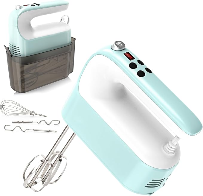 9-Speed Digital Hand Mixer Electric, 400W Powerful DC Motor, Baking Handheld with Snap-On Storage Case, 5 Stainless Steel Accessories, Flat Beaters, Dough Hooks, Whisk(Ice Blue/White)