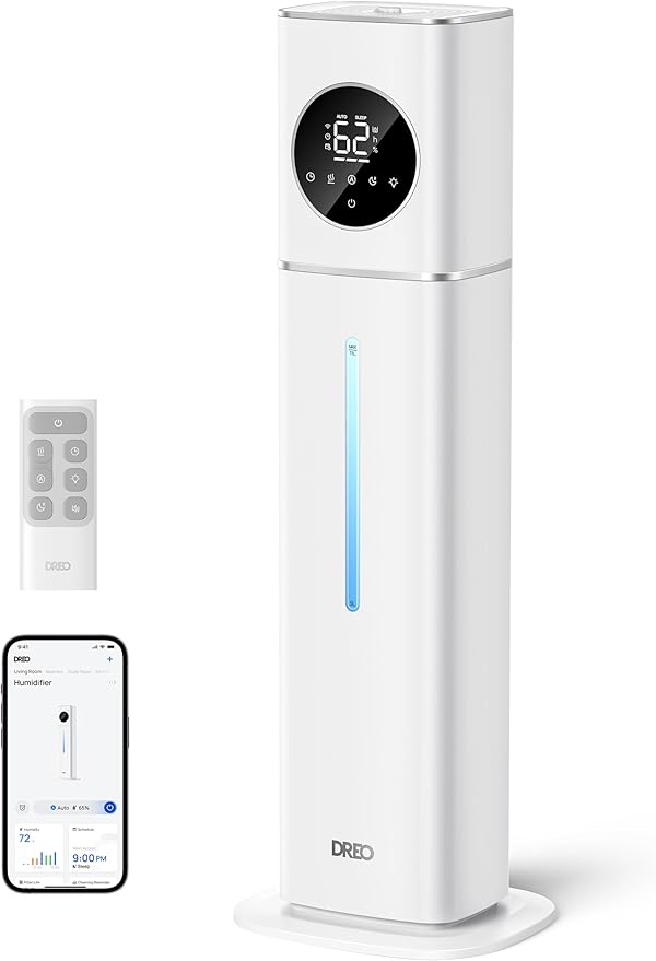 Dreo 11L Smart Humidifier Large Room 700 ft짼, 100H Cool Mist Air Humidifiers for Bedroom, Top-Fill Self-Cleaning Tank, 26dB, Auto Mode, Aroma Box, RGB Light, Remote & APP Control, Baby, Plant, Silver