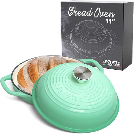 Enameled Cast Iron Bread Pan with Lid 11??Green Bread Oven Cast Iron Sourdough Baking Pan, Dutch Oven for Bread, No Seasoning Needed-Segretto Cookware
