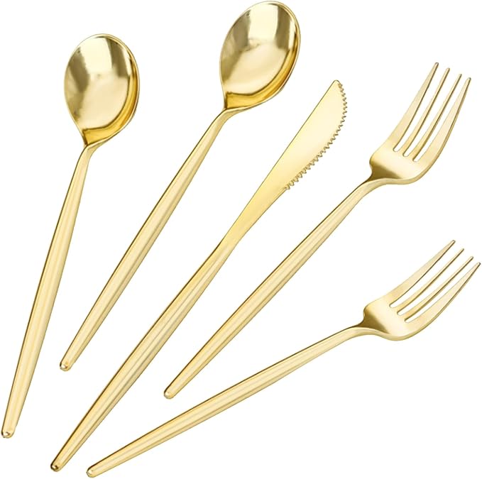 LIYH 360 Pcs Gold Plastic Silverware - Elegant Gold Silverware Disposable Utensils Set for Weddings, Parties & Events - Includes Forks, Spoons, Knives, Cutlery Tableware