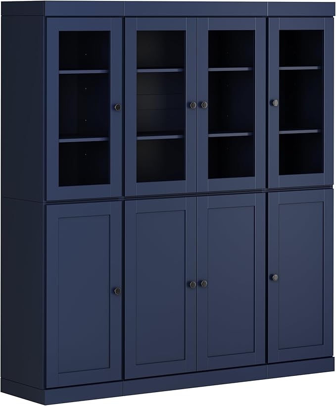 Palace Imports 100% Solid Wood Kitchen China Pantry Cabinet, 65" W - 4 Clear Glass & 4 Shaker Doors, Renewable Eco-Friendly Wood, Made in Brazil (Navy Blue, 8 China/Shaker Doors | 2 Drawers)