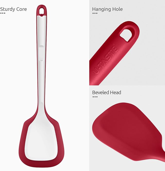 600쨘F Heat Resistant Silicone Turner: U-Taste 13.6in Long Solid & Slotted Thick Kitchen Spatula Flipper, Large Flexible Cooking Utensil for Flipping Egg, Pancake in Nonstick Cookware (Rose Red, 2PCS)