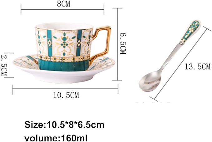 Vintage Bone China Tea Cup Set,5.4 Oz/160 ml Golden Handle Ceramic Coffee Teacup and Saucer with Spoon and Snack Fork, Style 03