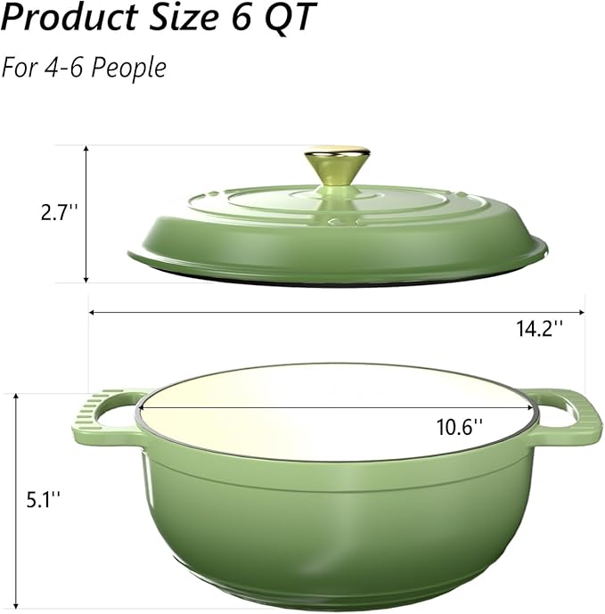 VINGLI 6QT Enameled Cast Iron Round Dutch Oven Pot with Lid, NonStick Casserole Pot with Dual Handles & Silicone GlovesRed, Oven Safe up to 500째F or on Stovetop, Dutch Oven for Bread Baking, Green