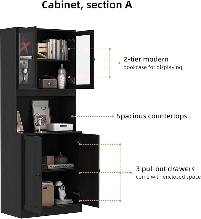 TUSY 71'' Tall Pantry Cabinet, Kitchen Hutch Storage Cabinet, Buffet Hutch Set of 3, China Cabinet with Glass Doors, 5-Tier Storage Cabinets for Dining Room, Living Room (Black)