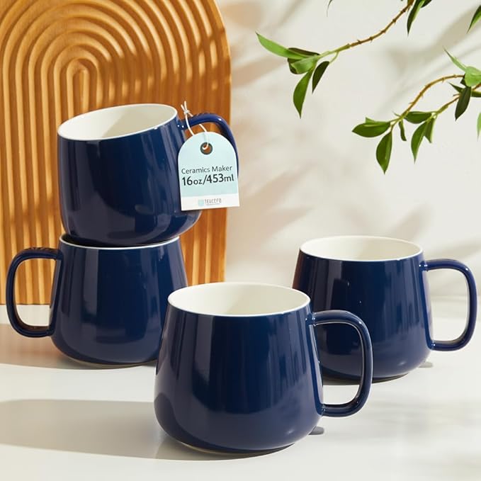Teocera 16oz Ceramic Coffee Mugs Set of 4 ??Stackable Latte Cups, Microwave, Dishwasher & Oven Safe ??Ideal for Coffee, Cappuccino, Hot Chocolate, Housewarming Gifts, Dark Blue