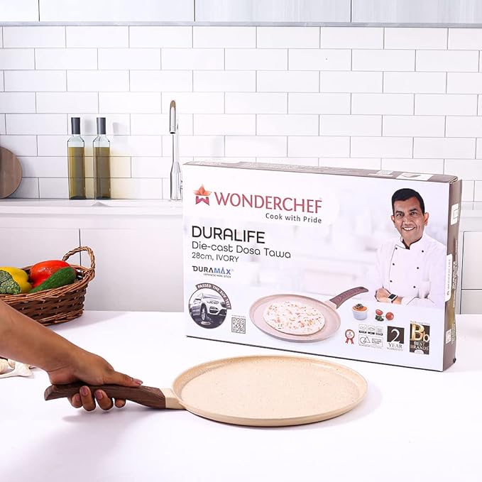 Wonderchef Duralife Die-cast 28 cm Dosa Tawa 5 Layer Healthy Duramax Non-Stick Coating Soft Touch Handle Pure Grade Aluminium PFOA Free 2 Year Medium Ivory