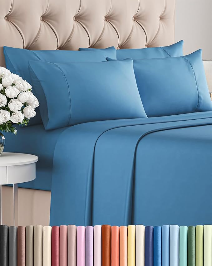 King 6 Piece Sheet Set - Cooling & Breathable Bed Sheets - Hotel Luxury Bed Sheets for Women, Men, Kids & Teens - Bedding with Deep Pockets & Easy Fit - Soft and Wrinkle Free - King Denim Blue Sheets